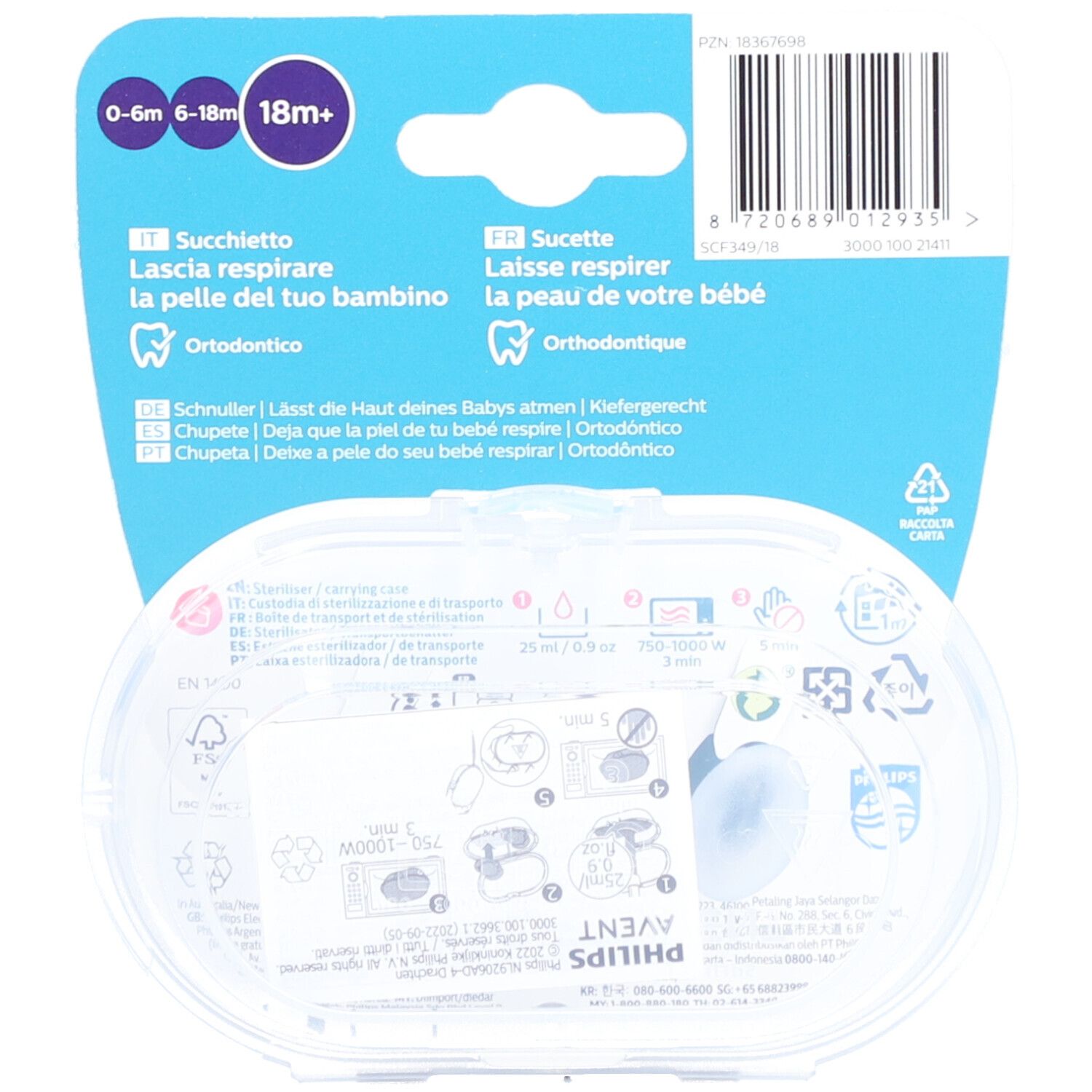 Retro della confezione con informazioni sul prodotto e codice a barre. Testo in più lingue, tra cui tedesco, francese e italiano.