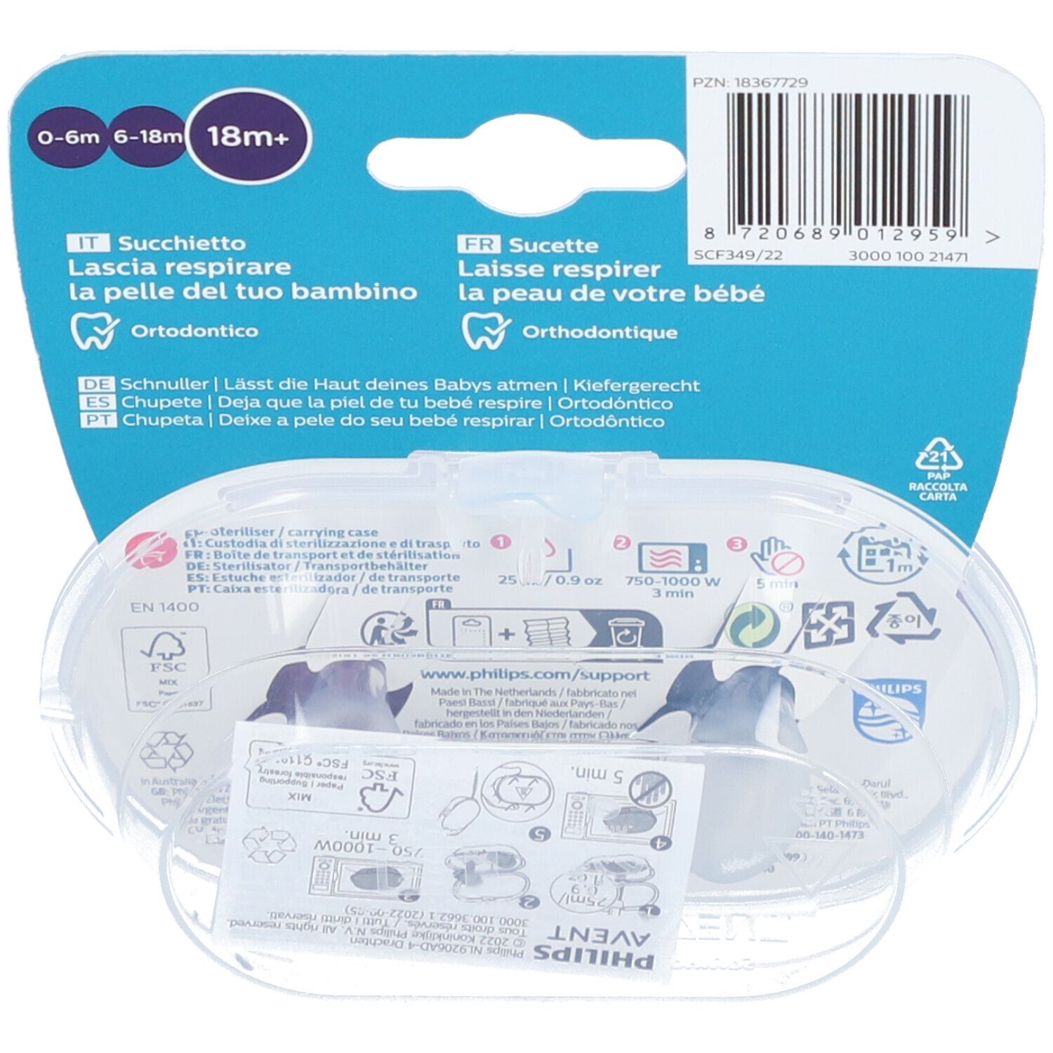 Retro della confezione con informazioni e loghi. Testo in tedesco, francese, italiano, olandese e portoghese. Codice a barre visibile.