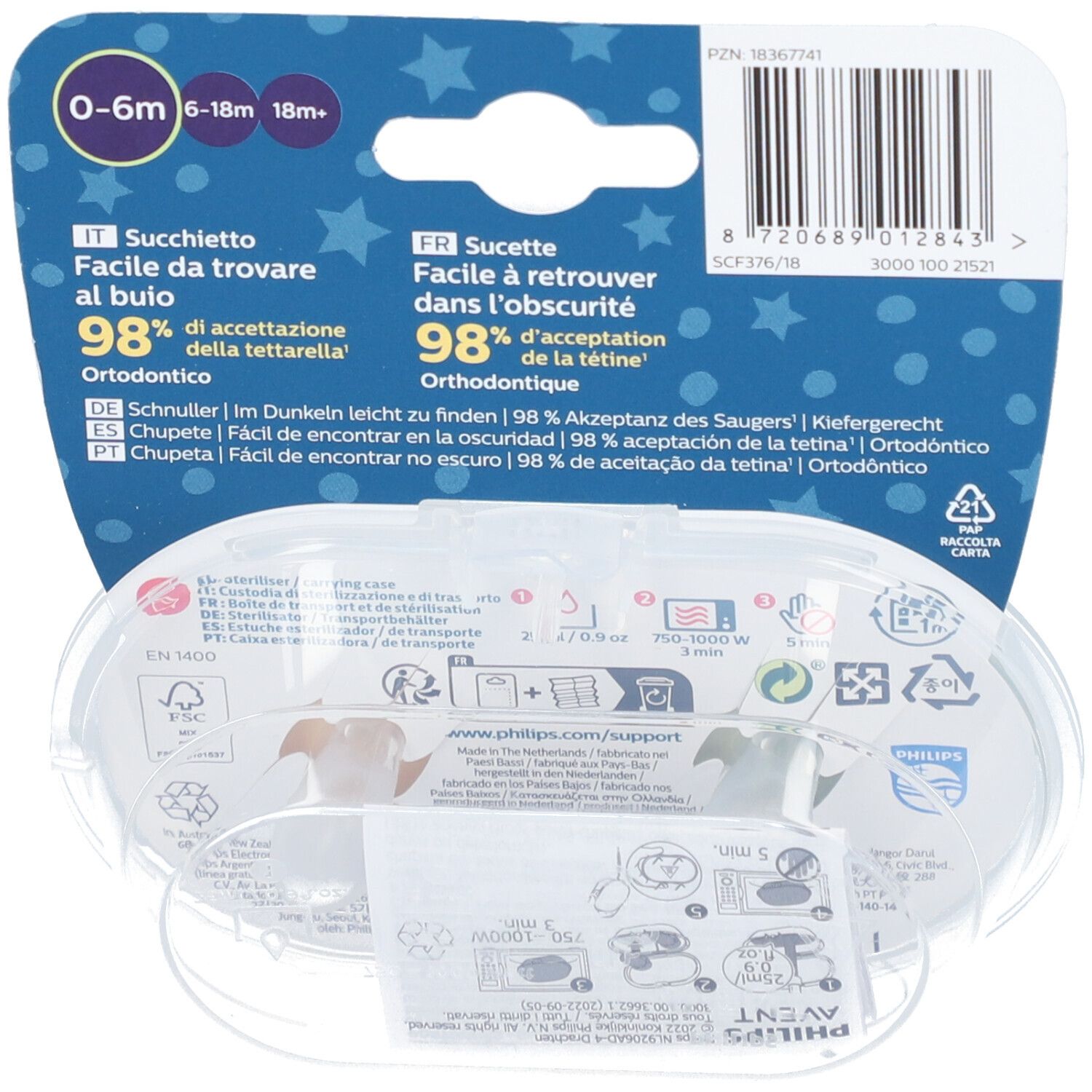 Retro della confezione con informazioni sul prodotto e loghi. Testo in diverse lingue, tra cui tedesco, francese, italiano e olandese.