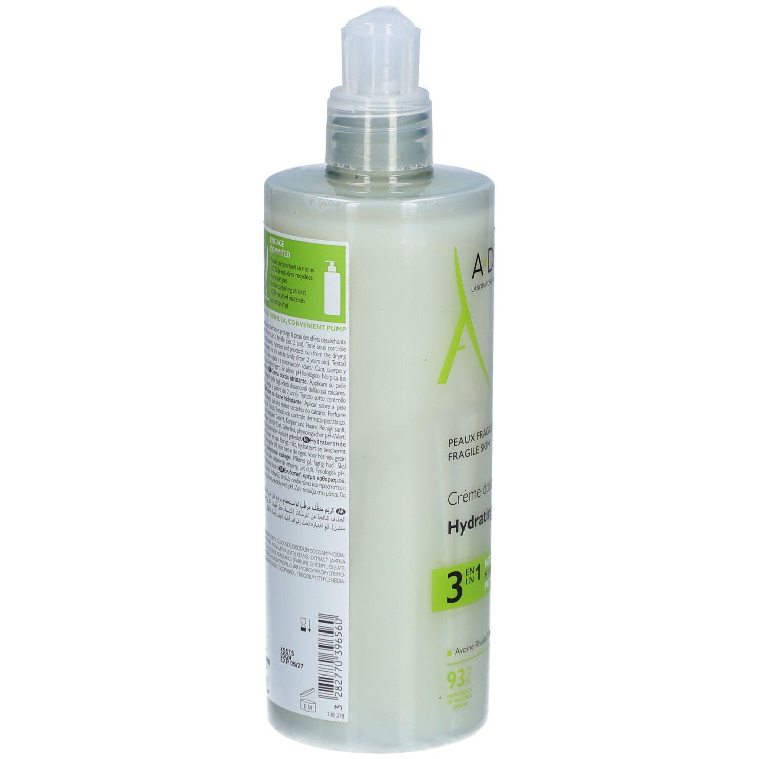 Retro del flacone di crema doccia A-Derma. Testo e informazioni sulla composizione del prodotto.