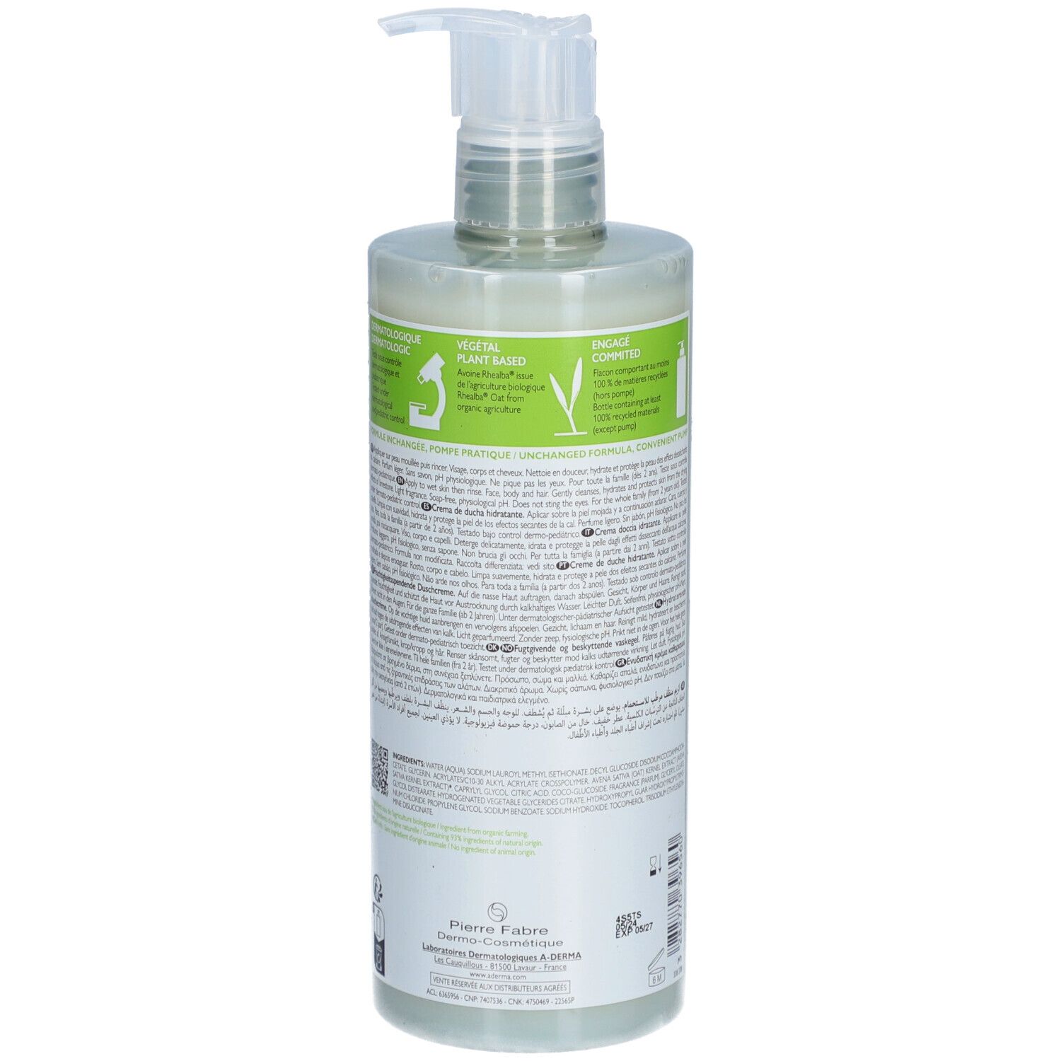 Retro del flacone di crema doccia A-Derma. Testo e informazioni sulla composizione del prodotto.