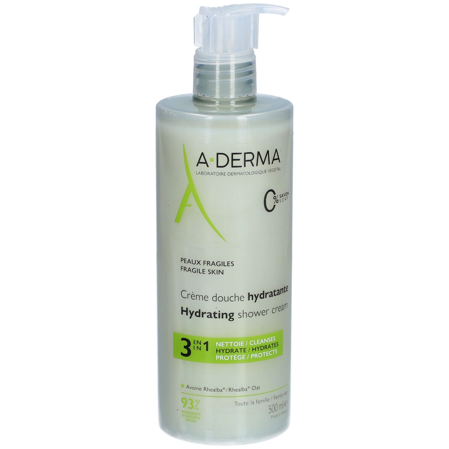 Flacone di crema doccia A-Derma con dosatore. Scritta: Crème douche hydratante, 3 in 1, 500 ml.