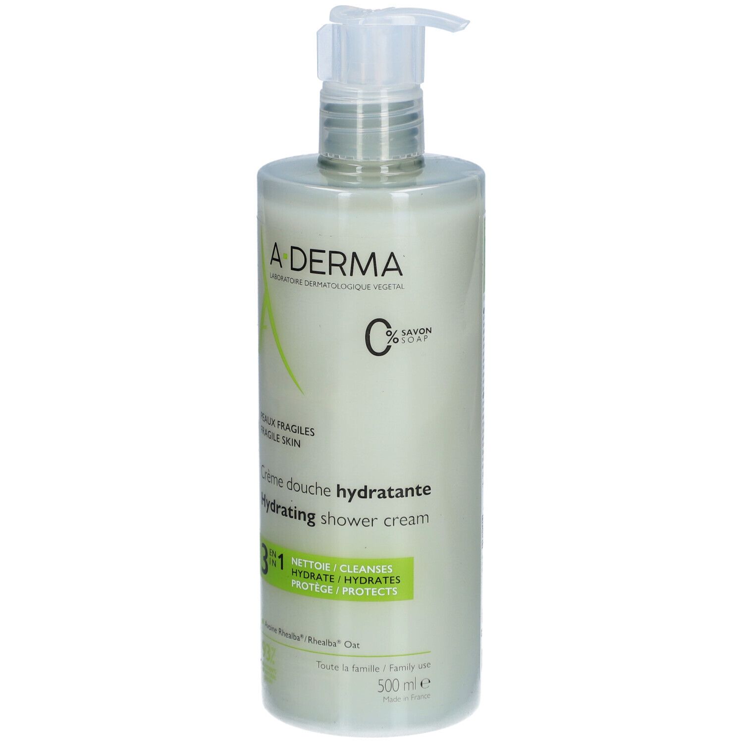 Flacone di crema doccia A-Derma con dosatore. Scritta: Crème douche hydratante, 3 in 1, 500 ml.