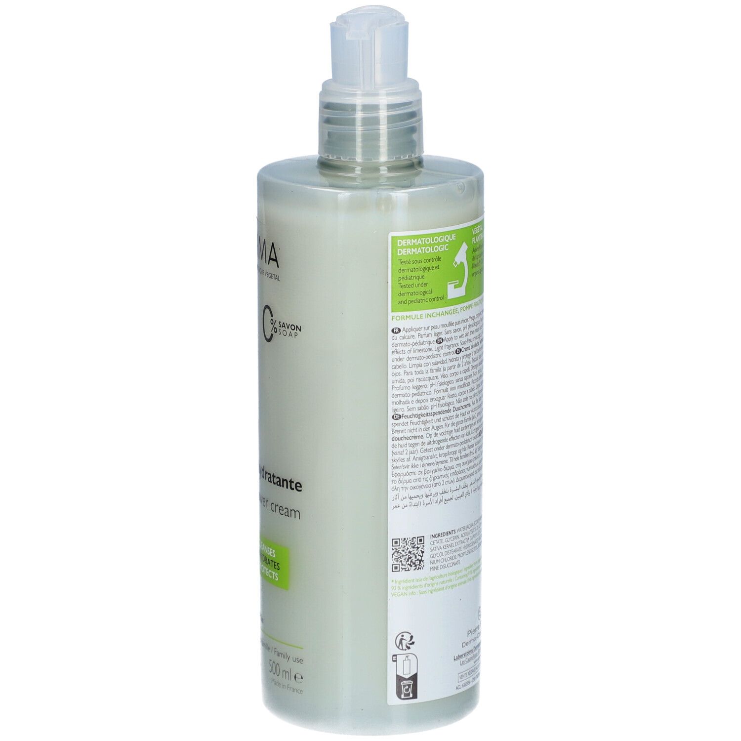 Retro del flacone di crema doccia A-Derma. Testo e informazioni sulla composizione del prodotto.