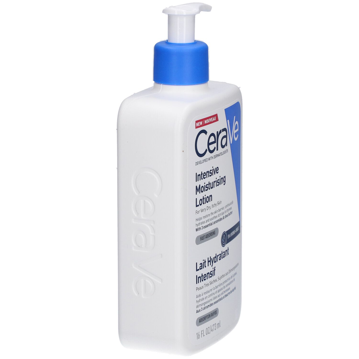 Flacone bianco con dosatore blu. Scritta CeraVe, Intensive Moisturising Lotion. Vista laterale.