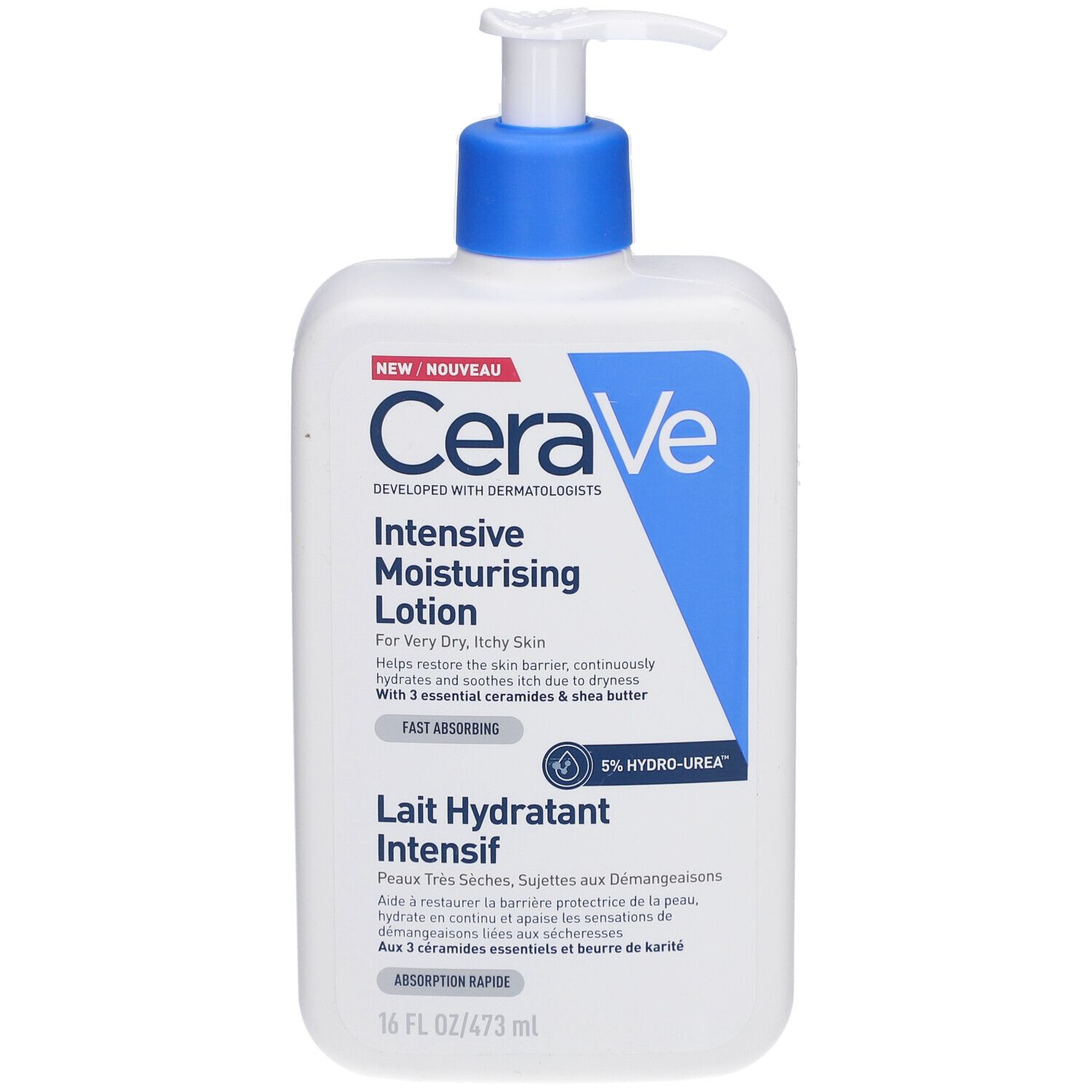 Flacone bianco con dosatore blu. Scritta CeraVe, Intensive Moisturising Lotion. 16 FL OZ/473 ml.