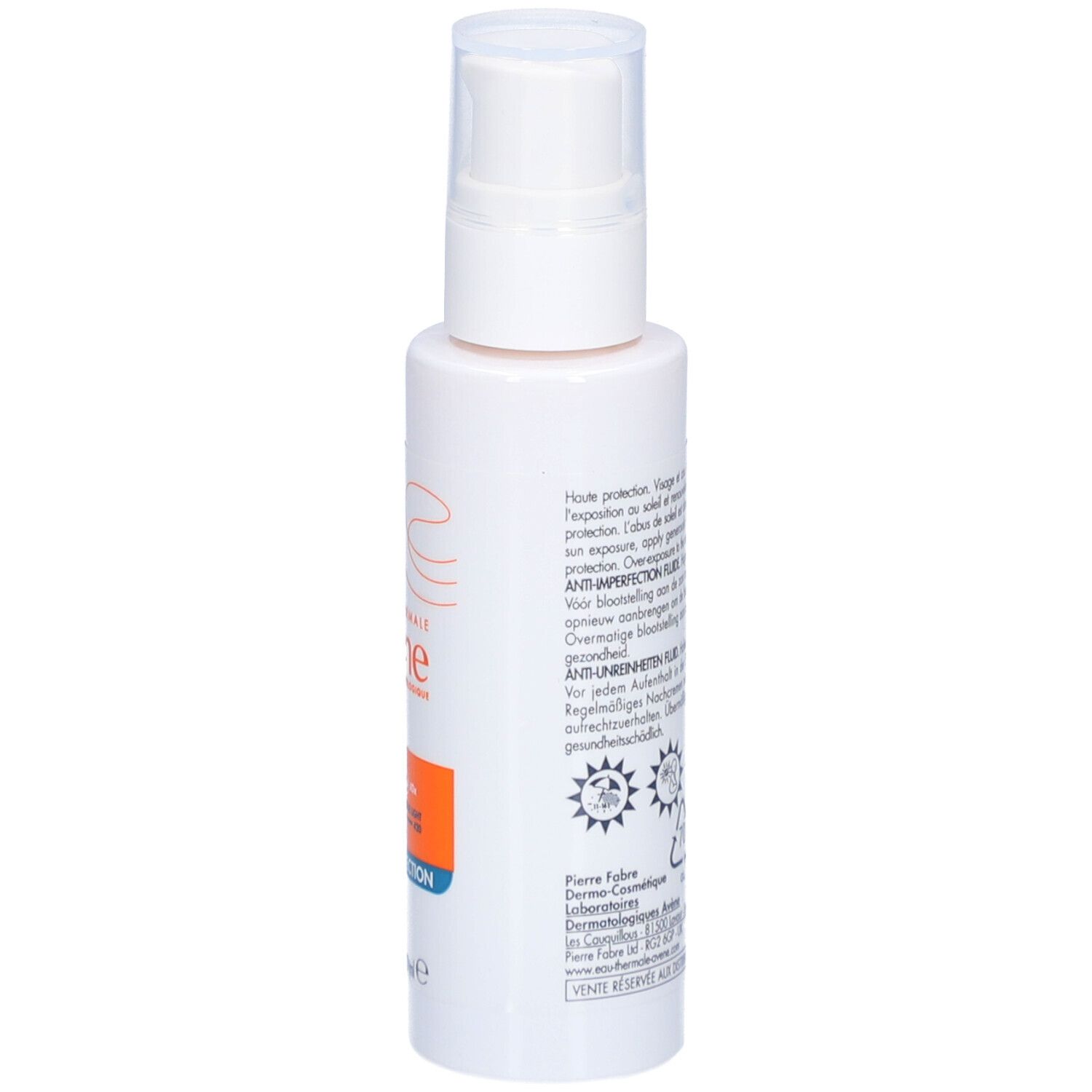Flacone bianco con dosatore a pompa. Etichetta con SPF 50, Anti-imperfezioni e marchio Avène.