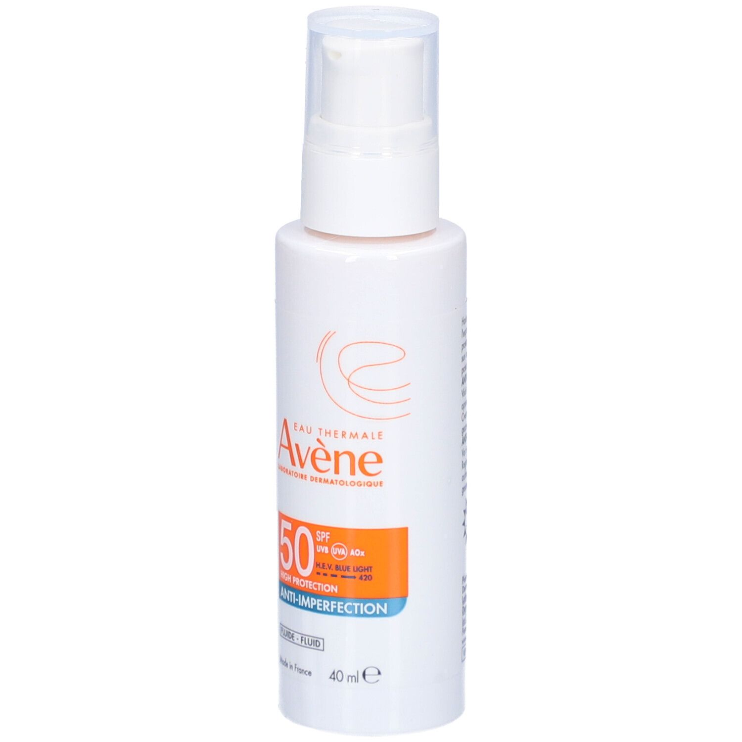 Flacone bianco con dosatore a pompa. Etichetta con SPF 50, Anti-imperfezioni e marchio Avène.