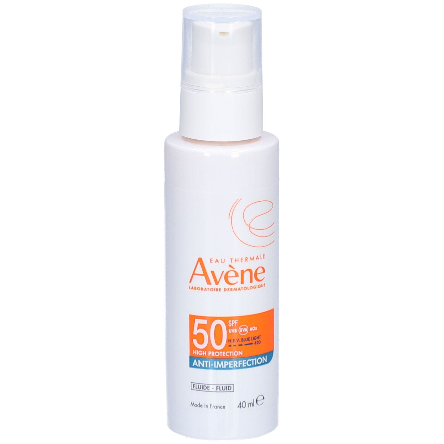 Flacone bianco con dosatore a pompa. Etichetta con SPF 50, Anti-imperfezioni e marchio Avène.