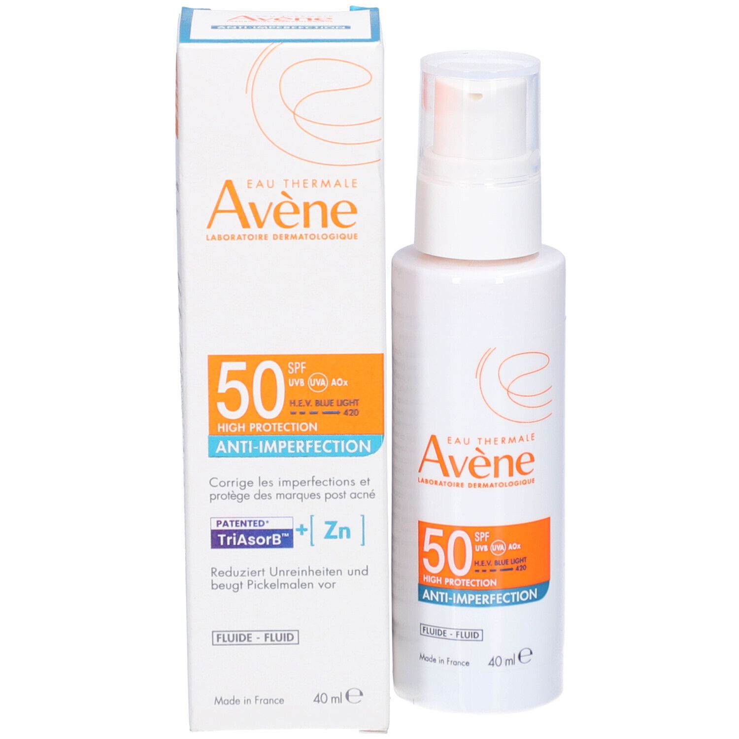 Confezione e flacone. Etichetta con SPF 50, Anti-imperfezioni e marchio Avène.