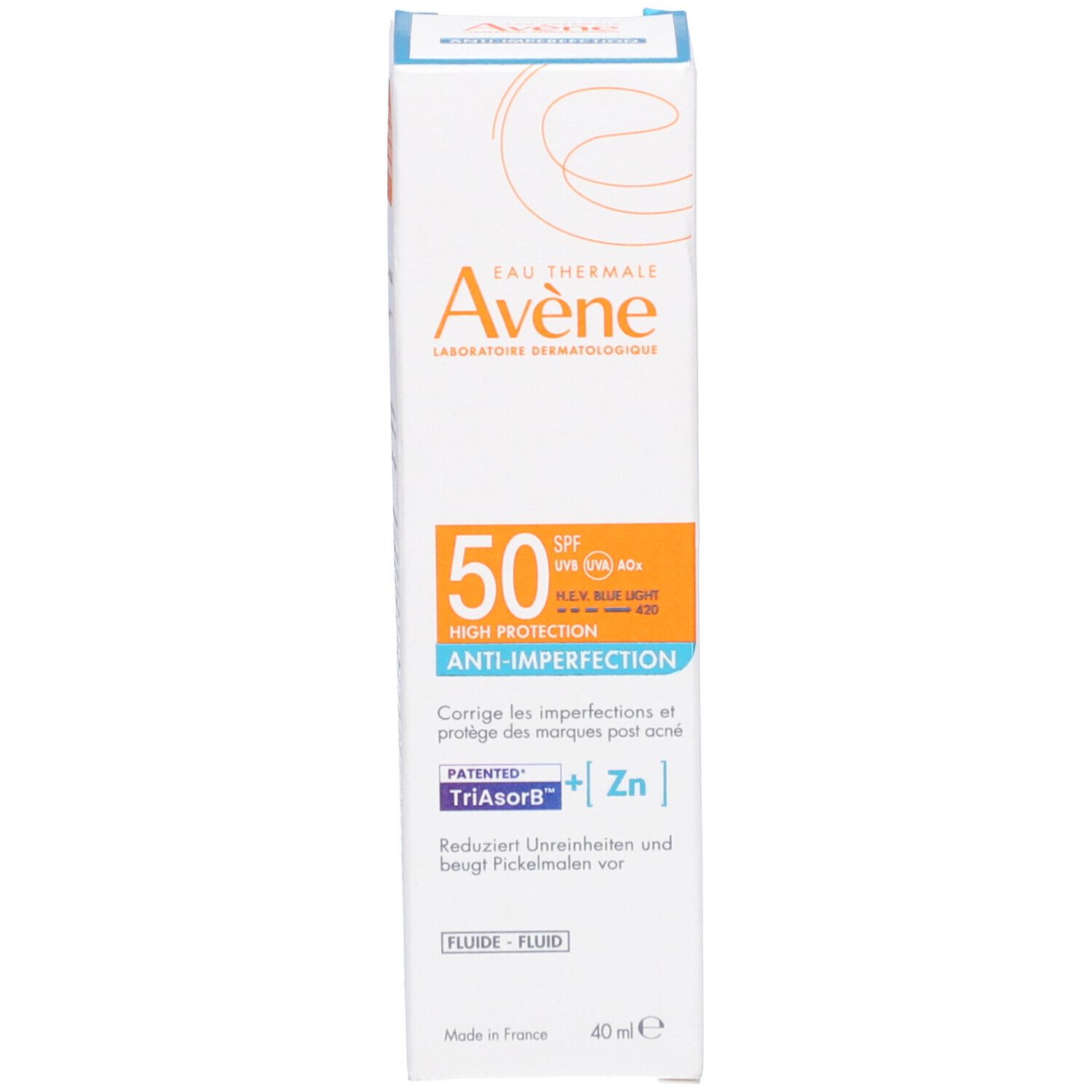 Confezione del prodotto. Etichetta con SPF 50, Anti-imperfezioni e marchio Avène.