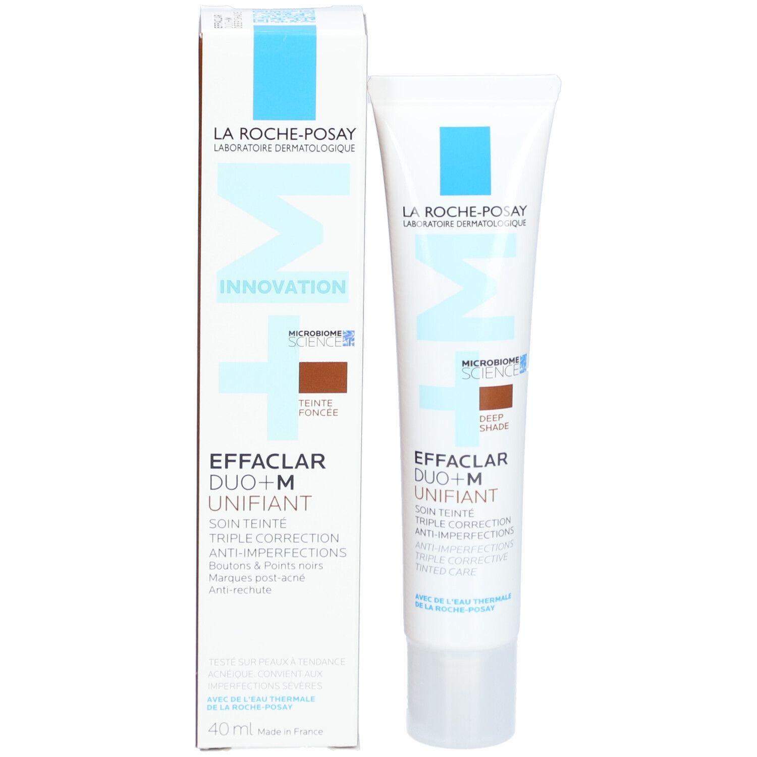 Tubo e scatola La Roche-Posay Effaclar Duo+M. Confezione bianca con nome del prodotto e tonalità marrone scuro. 40 ml.