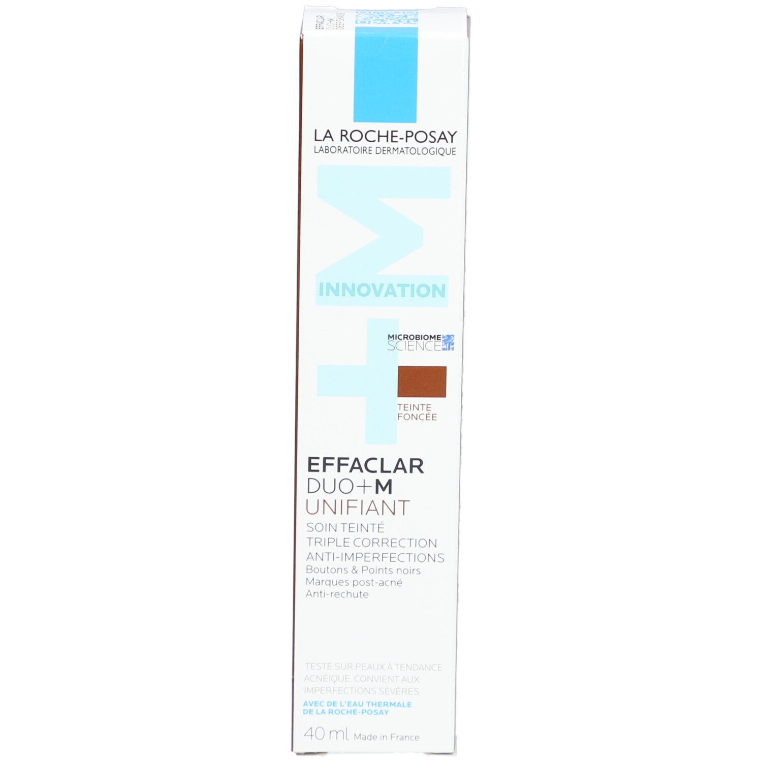 Scatola La Roche-Posay Effaclar Duo+M. Confezione bianca con nome del prodotto e tonalità marrone scuro. 40 ml.