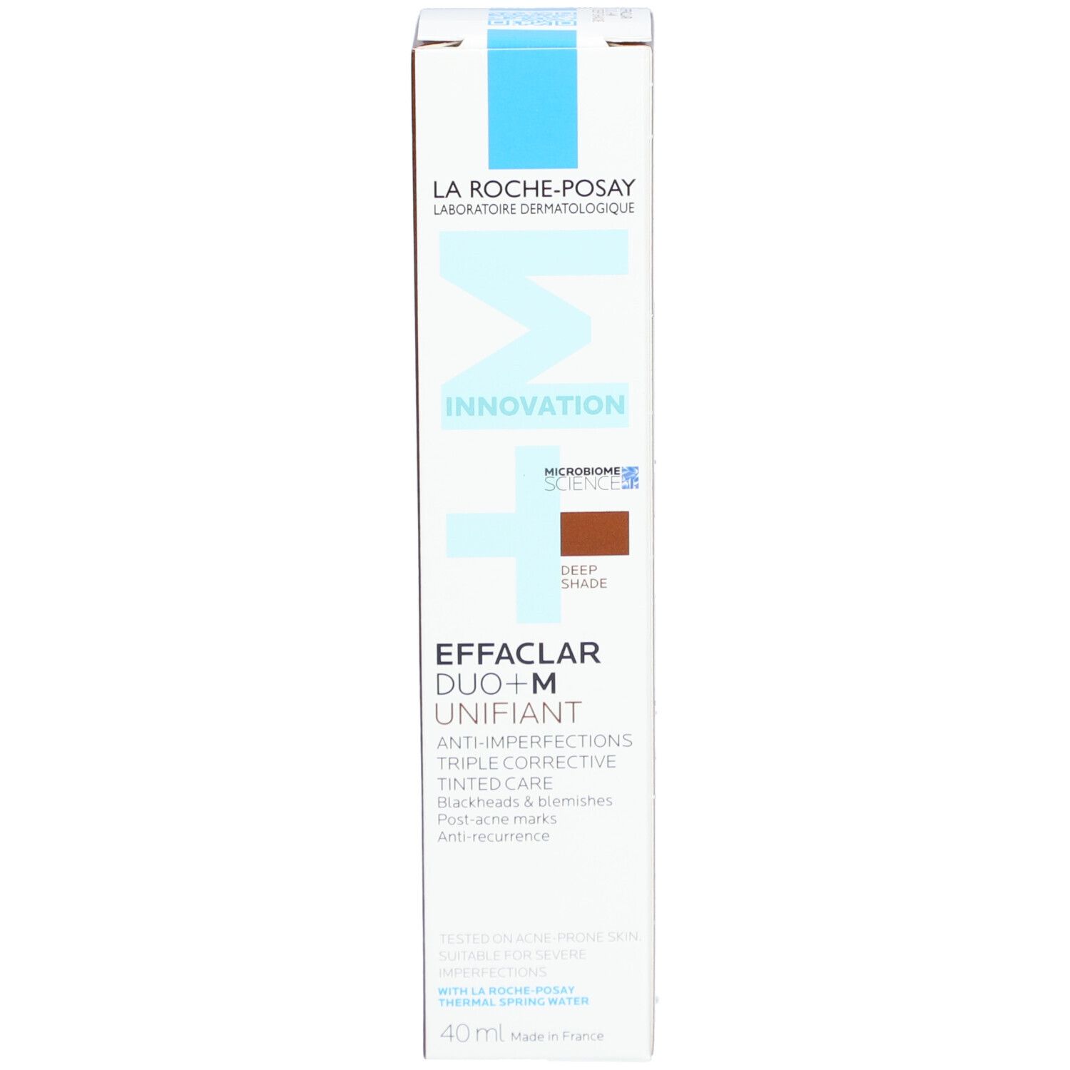 Scatola La Roche-Posay Effaclar Duo+M. Confezione bianca con nome del prodotto e tonalità marrone scuro. 40 ml.