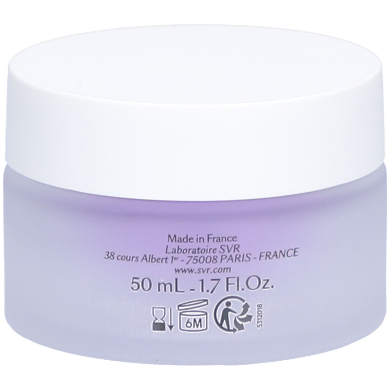 Vaso di crema con coperchio bianco e vetro viola. Scritta: 50 ml - 1.7 Fl.Oz., SVR.