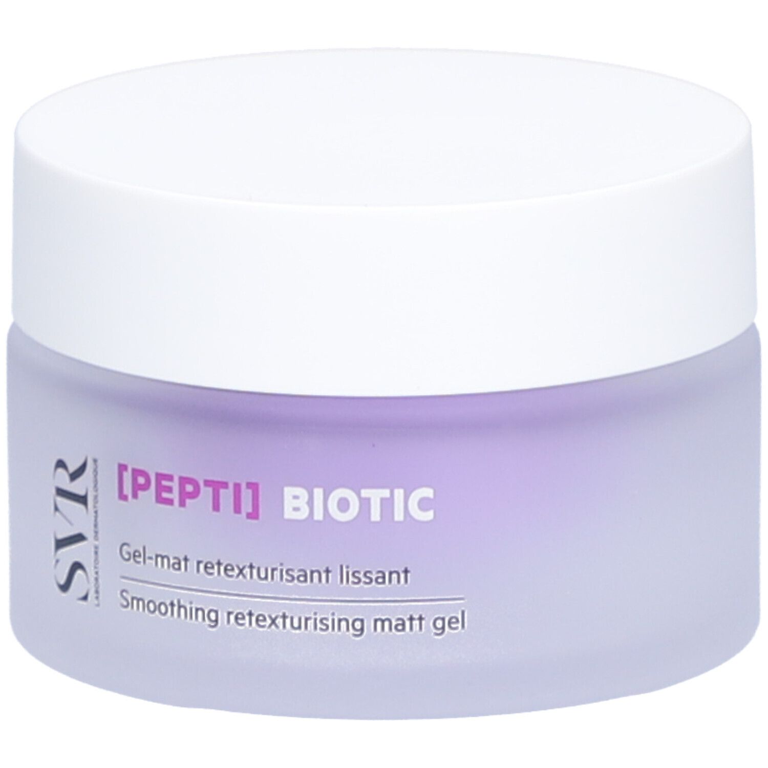 Vaso di crema con coperchio bianco e vetro viola. Scritta: [PEPTI] BIOTIC, SVR.