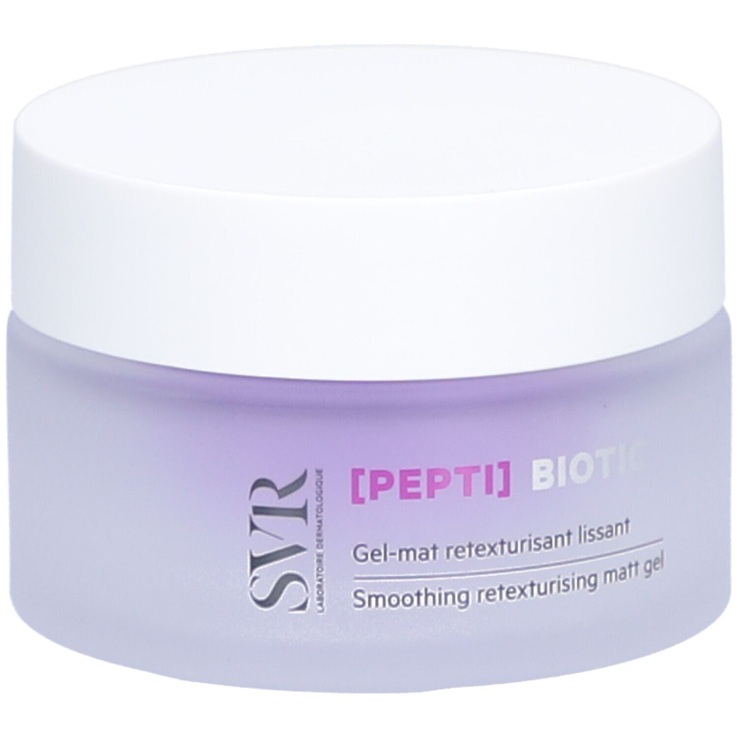 Vaso di crema con coperchio bianco e vetro viola. Scritta: [PEPTI] BIOTIC, SVR.