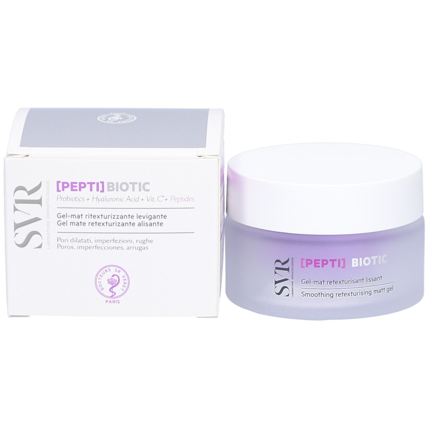 Confezione del prodotto con vasetto di crema e scatola. Scritta: [PEPTI] BIOTIC, SVR.