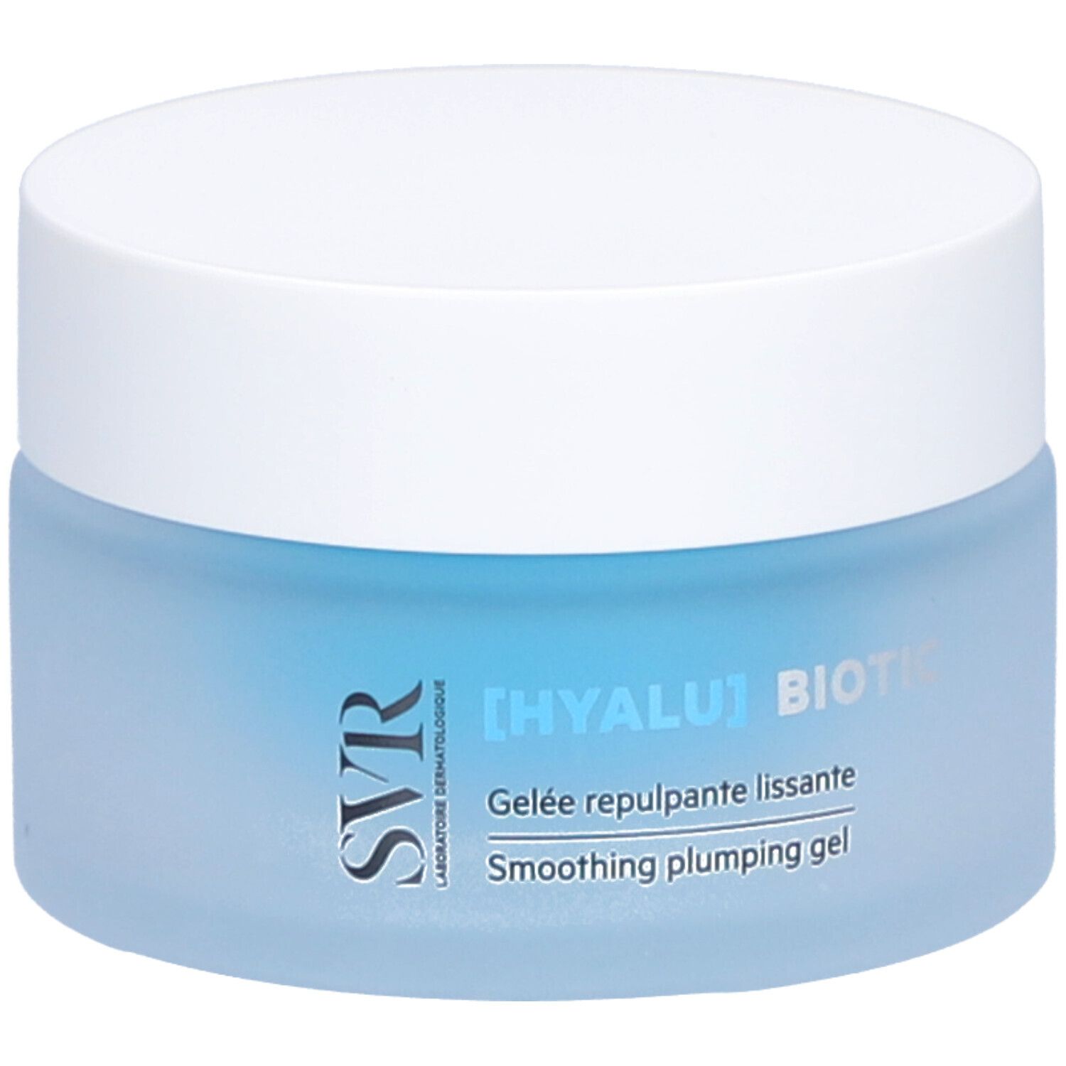Gelée repulpante lisciante SVR [HYALU] BIOTIC in un vaso di vetro blu con coperchio bianco.