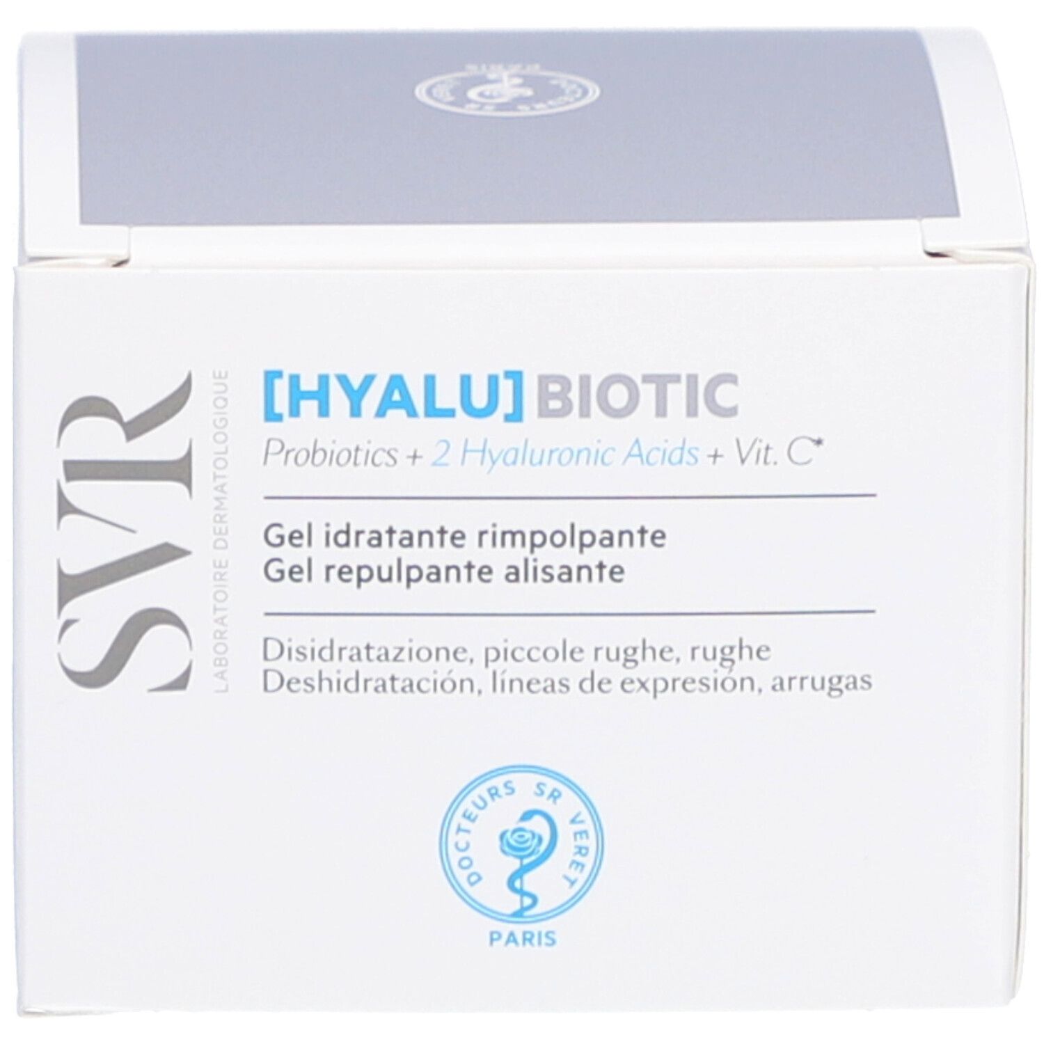 Scatola di imballaggio per SVR [HYALU] BIOTIC con nome del prodotto e ingredienti.