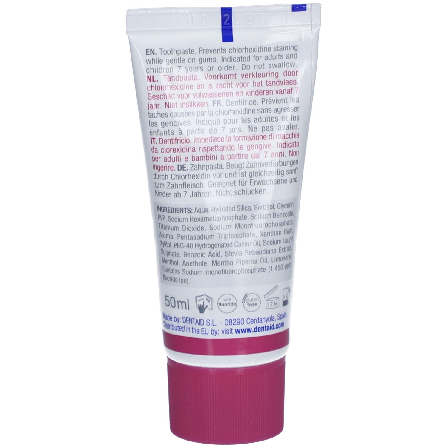 Retro del tubetto di dentifricio. Contiene informazioni sugli ingredienti e l'uso in più lingue.