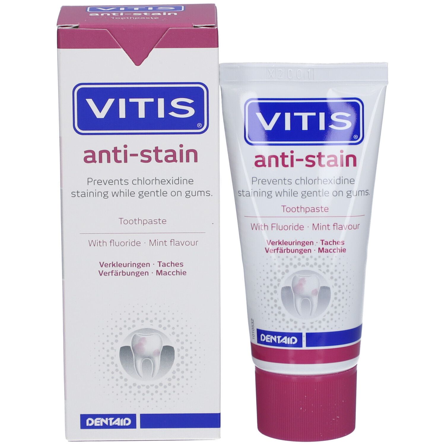 Tubetto di dentifricio e scatola. Entrambi mostrano VITIS anti-macchia. Scatola con design blu, rosa e bianco.