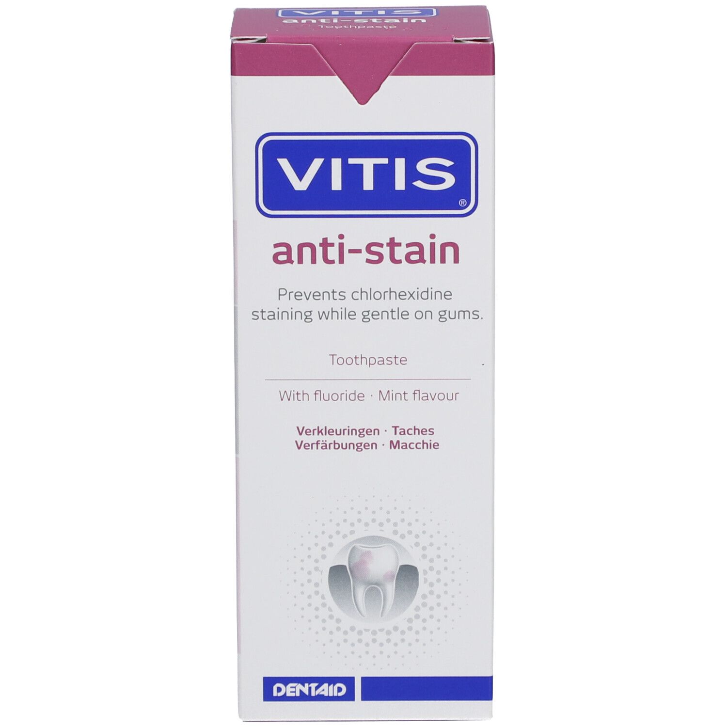 Scatola con VITIS anti-macchia. Design blu, rosa e bianco. Contiene informazioni sul prodotto e il logo.