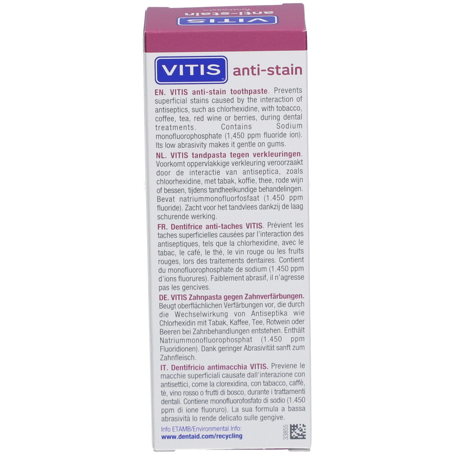 Lato della scatola con VITIS anti-macchia. Contiene informazioni sugli ingredienti e l'uso in più lingue.
