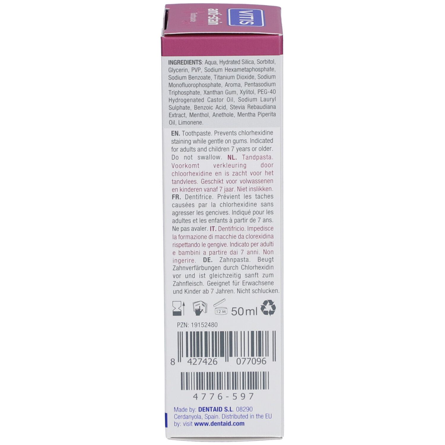 Retro della scatola con VITIS anti-macchia. Contiene ingredienti, informazioni del produttore e codice a barre.