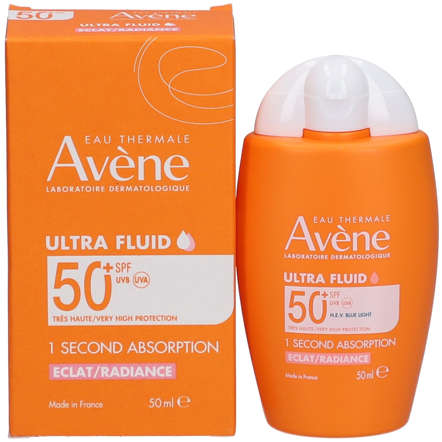 Prodotto e confezione. Scatola e flacone arancioni. Testo: Avène, Ultra Fluid 50+ SPF, 50 ml.