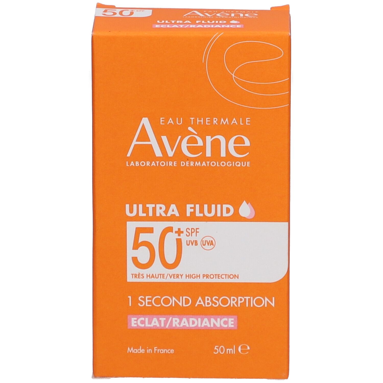 Scatola arancione. Testo: Avène, Ultra Fluid 50+ SPF, 50 ml. Consigli d'uso in francese.