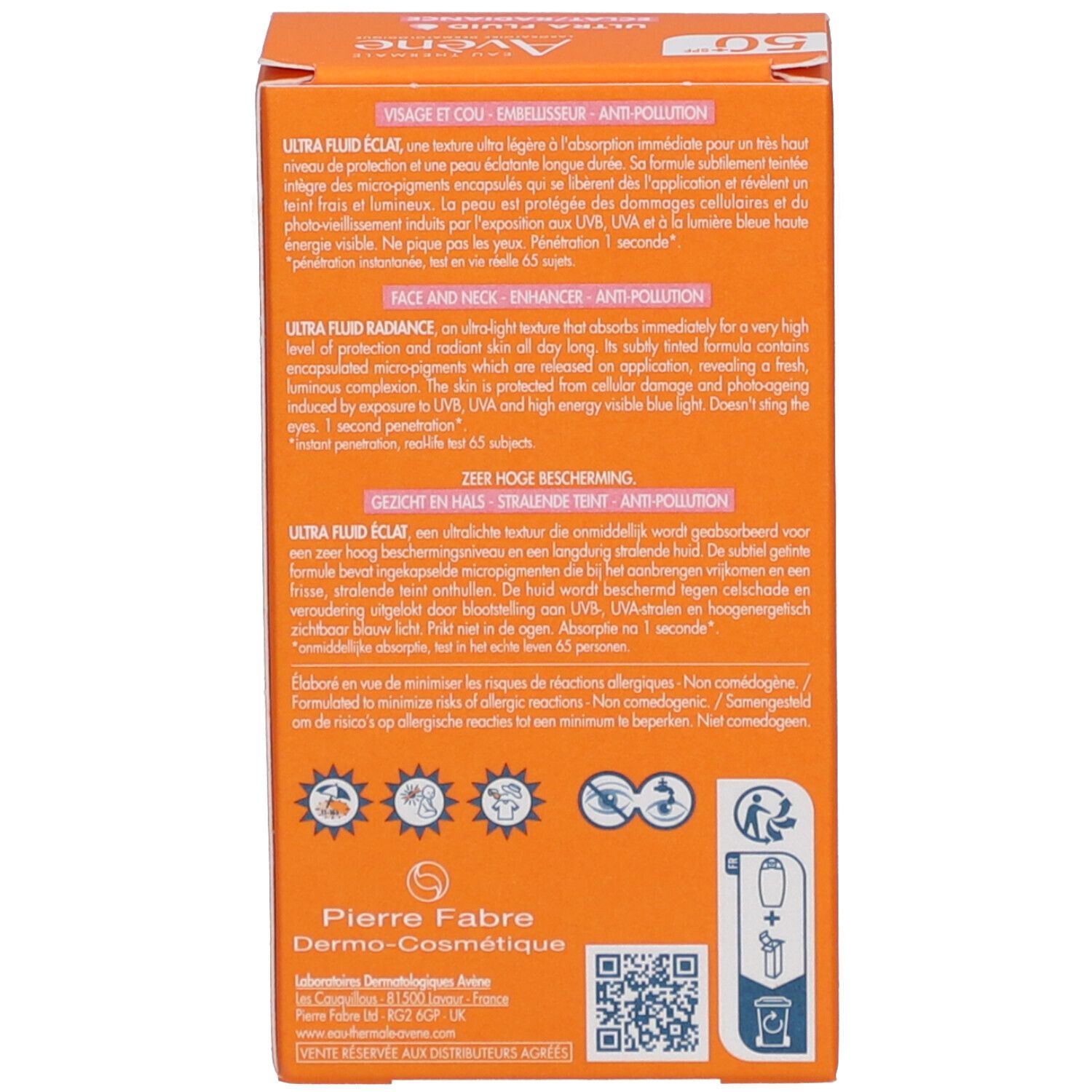 Prodotto e confezione. Flacone e scatola arancioni. Testo: Avène, Ultra Fluid 50+ SPF, 50 ml.