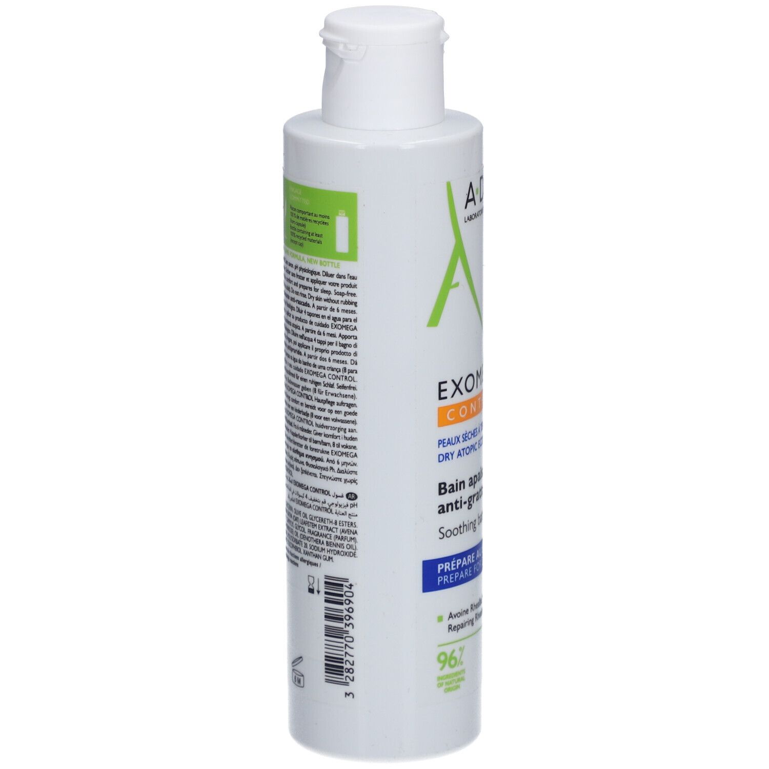 Retro del flacone A-Derma EXOMEGA CONTROL. Testo descrittivo. Per pelli secche a tendenza eczema.