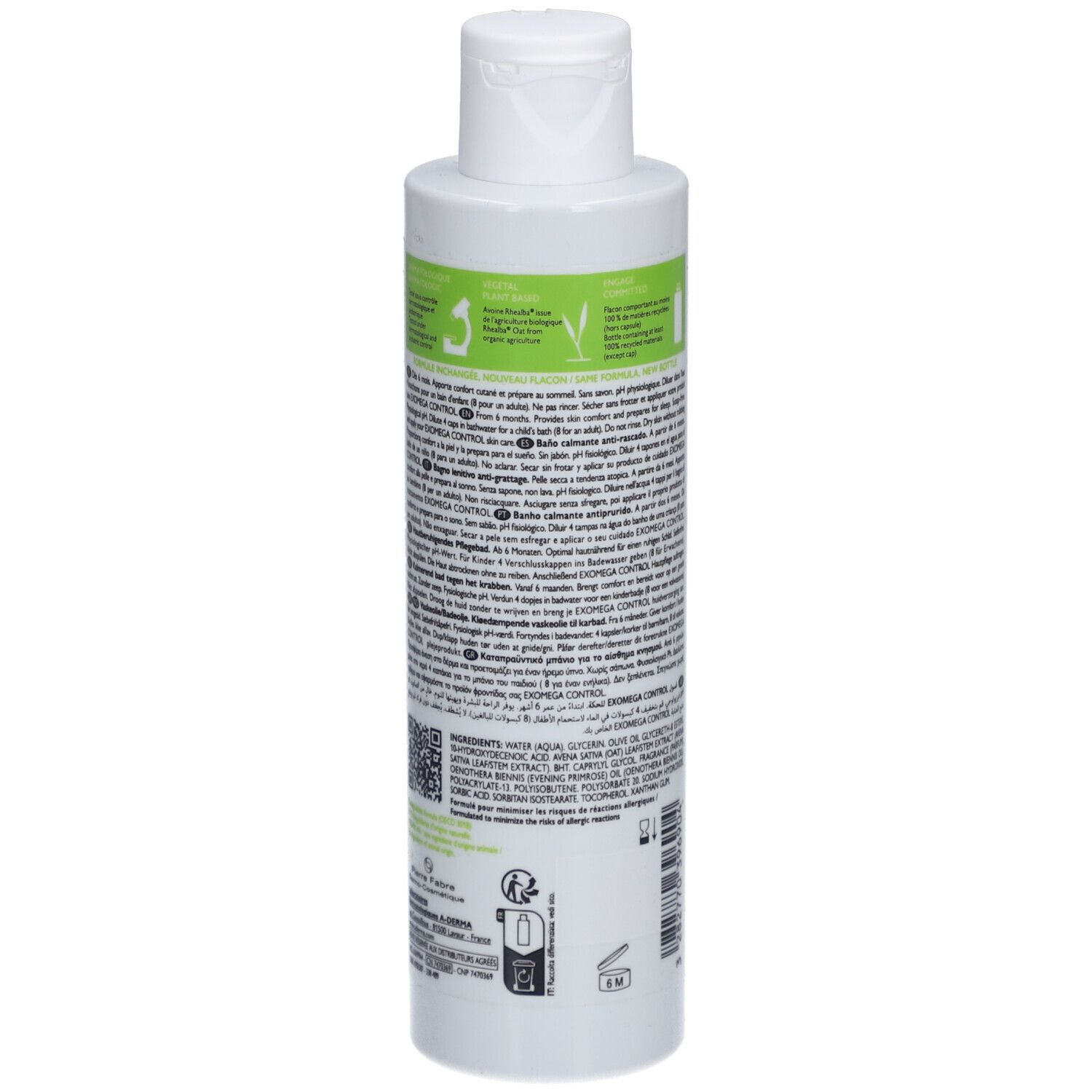 Retro del flacone A-Derma EXOMEGA CONTROL. Ingredienti e testo. Per pelli secche.