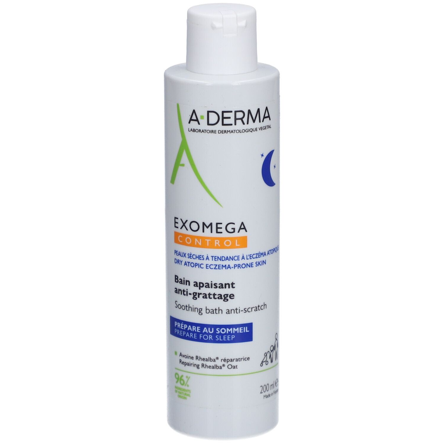 A-Derma EXOMEGA CONTROL bagno. Flacone bianco, logo verde. Per pelli secche.