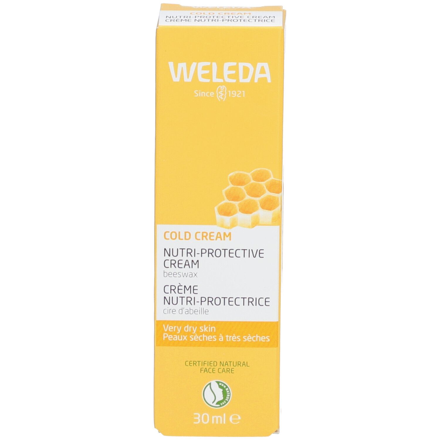 Scatola gialla. Scritte: WELEDA, Cold Cream, Nutri-Protective Cream, Crème Nutri-Protectrice. Con simbolo a nido d'ape e 30ml.
