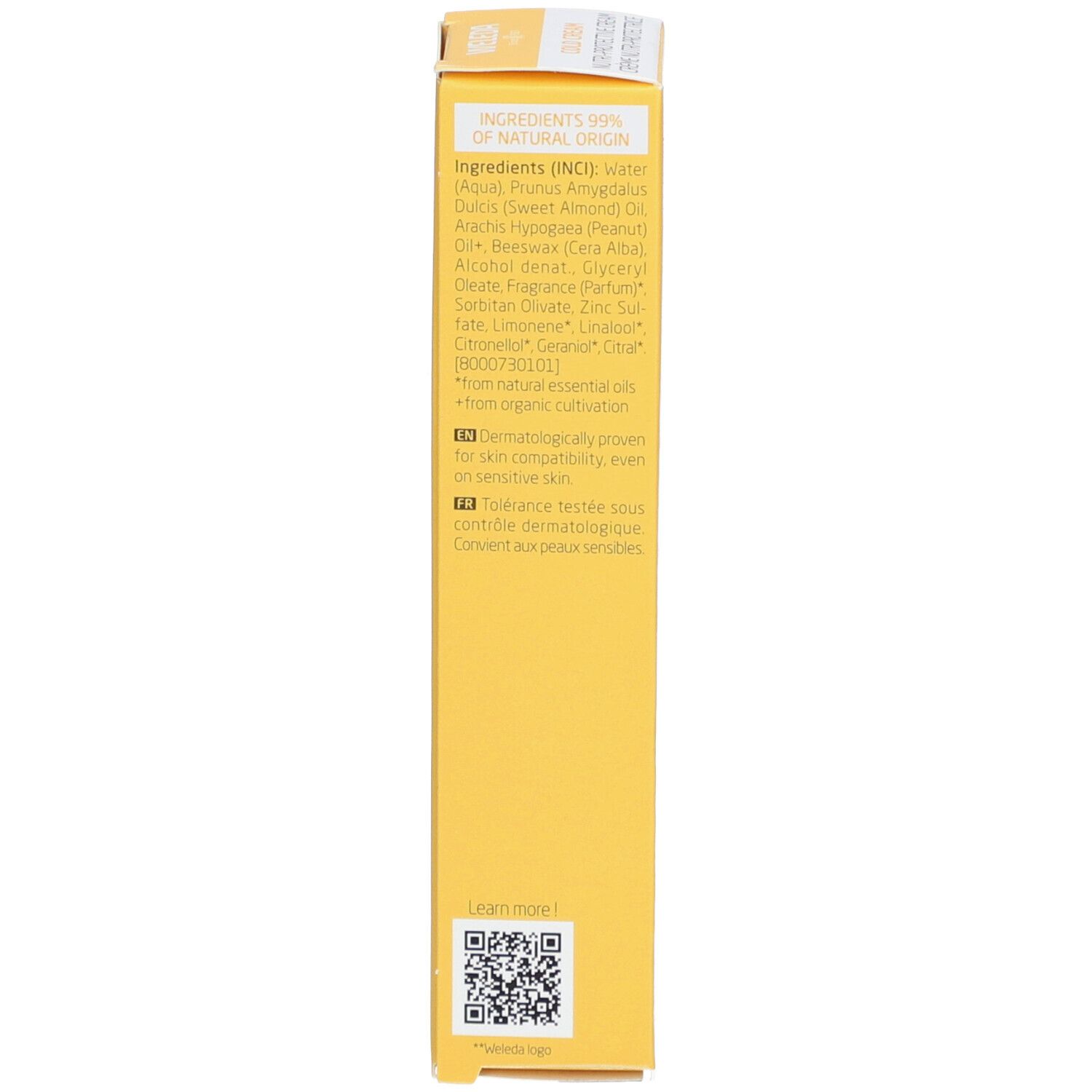 Retro della scatola gialla. Elenco degli ingredienti, informazioni sulla compatibilità dermatologica e codice QR.
