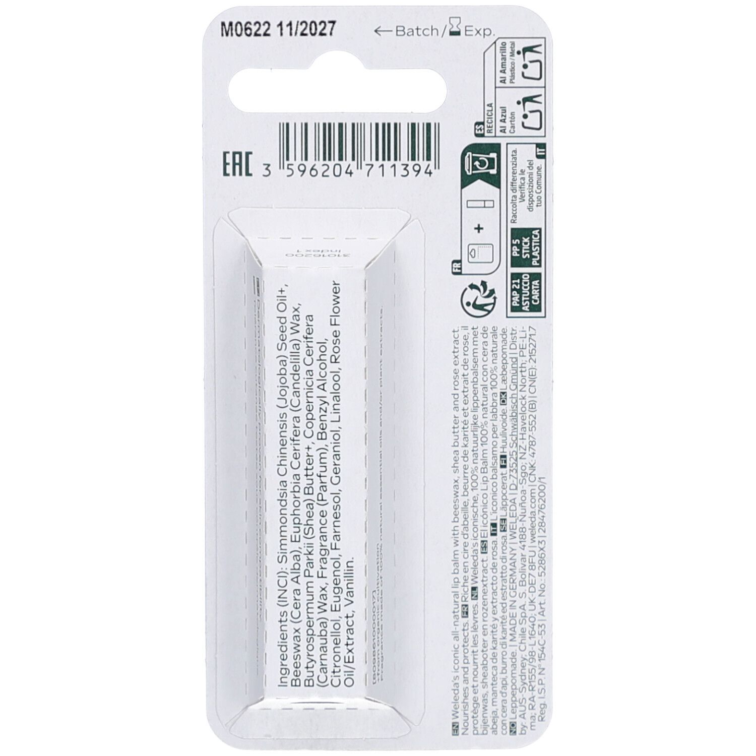 Stick labbra Weleda Everon®. Beige con logo verde e base bianca.