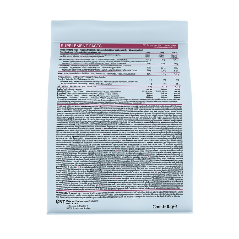 Retro di una busta bianca con informazioni nutrizionali. Contiene informazioni su proteine, grassi, carboidrati e fibre.