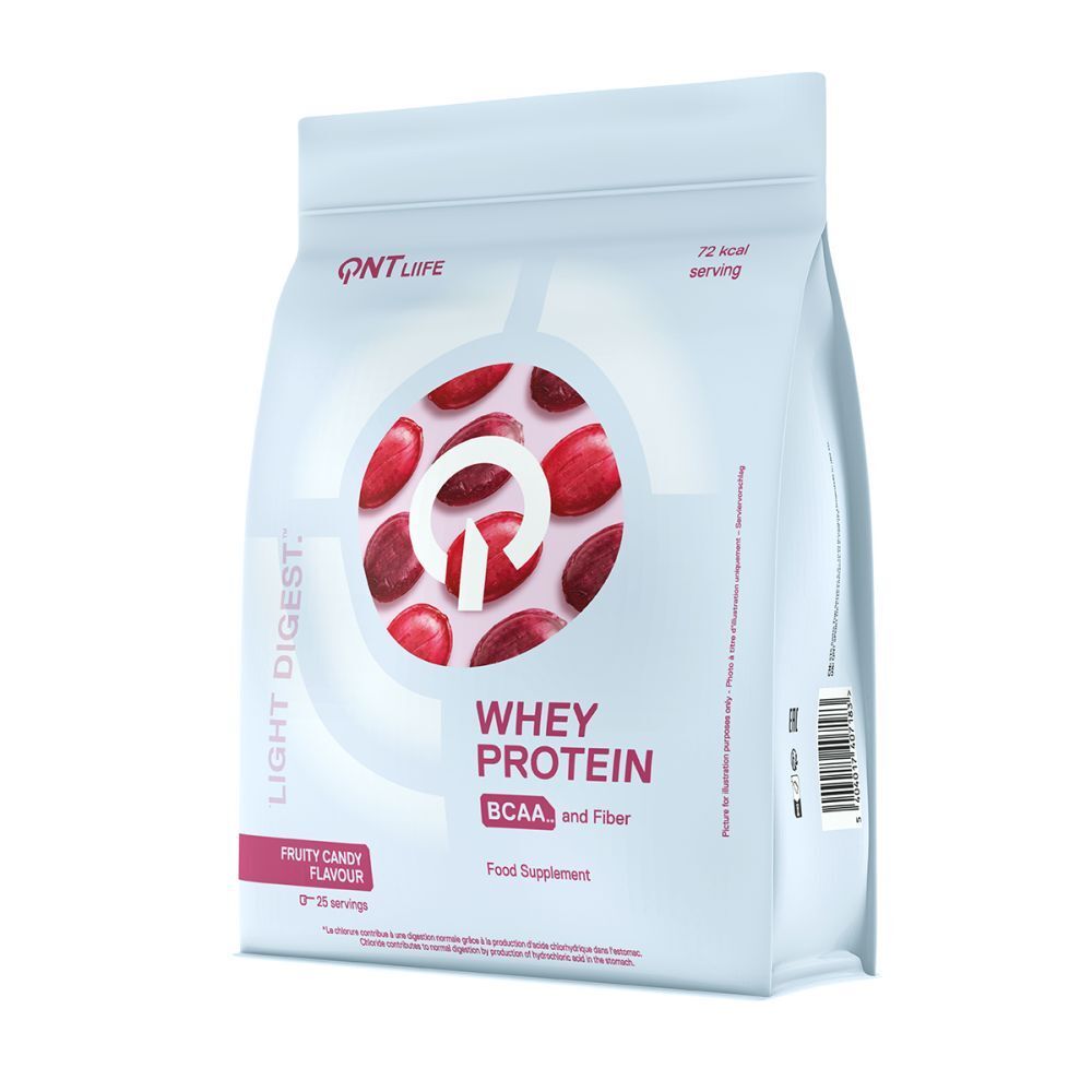 Busta bianca con contenuto rosso e scritta. Contiene proteine del siero di latte, BCAA e fibre. Gusto caramella alla frutta.