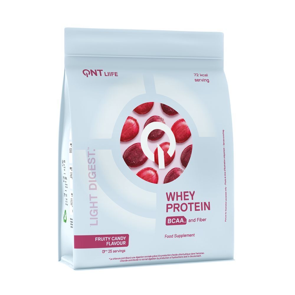 Busta bianca con contenuto rosso e scritta. Contiene proteine del siero di latte, BCAA e fibre. Gusto caramella alla frutta.