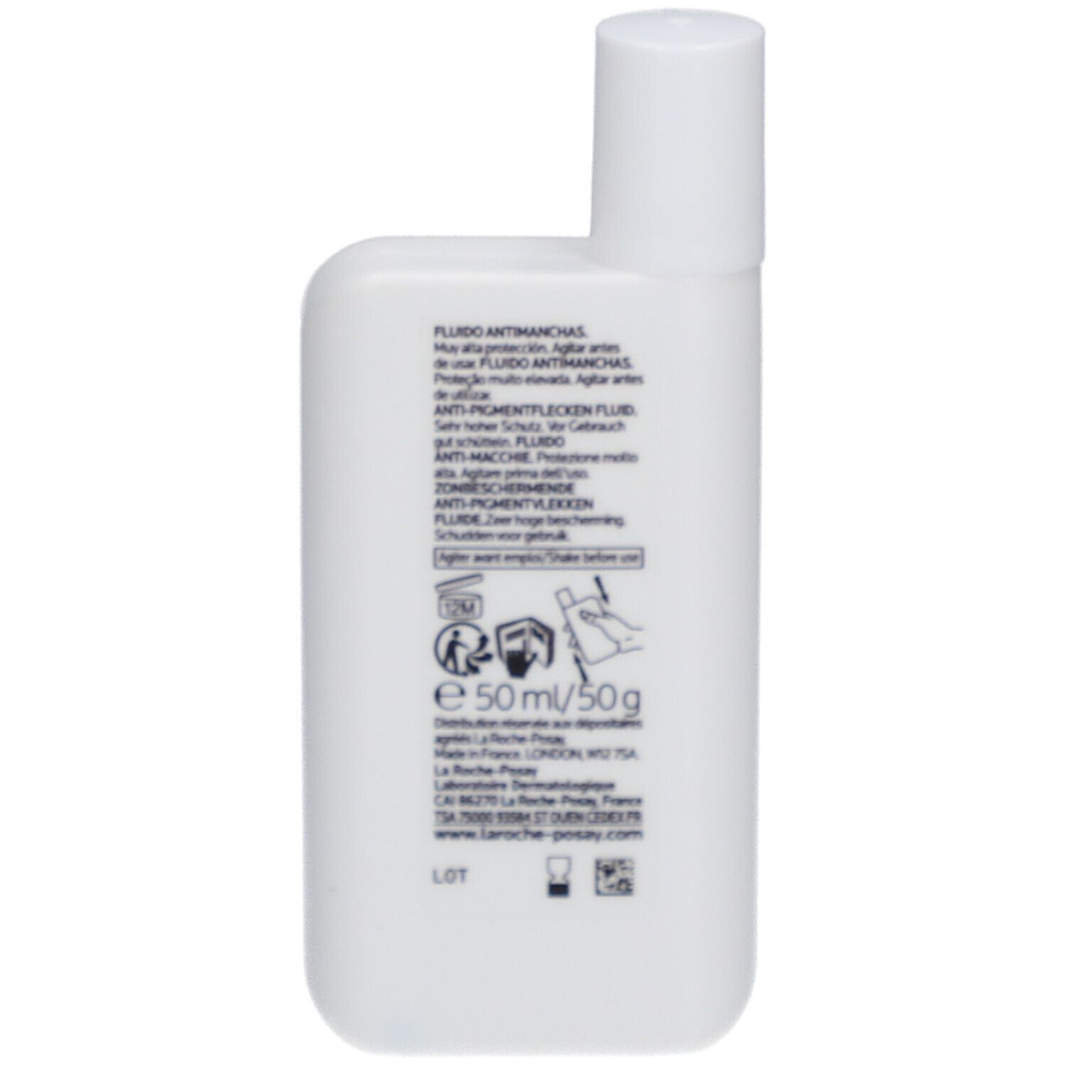 Retro del flacone bianco. Testo: Fluido antimanchas, e 50ml/50g. La Roche-Posay.