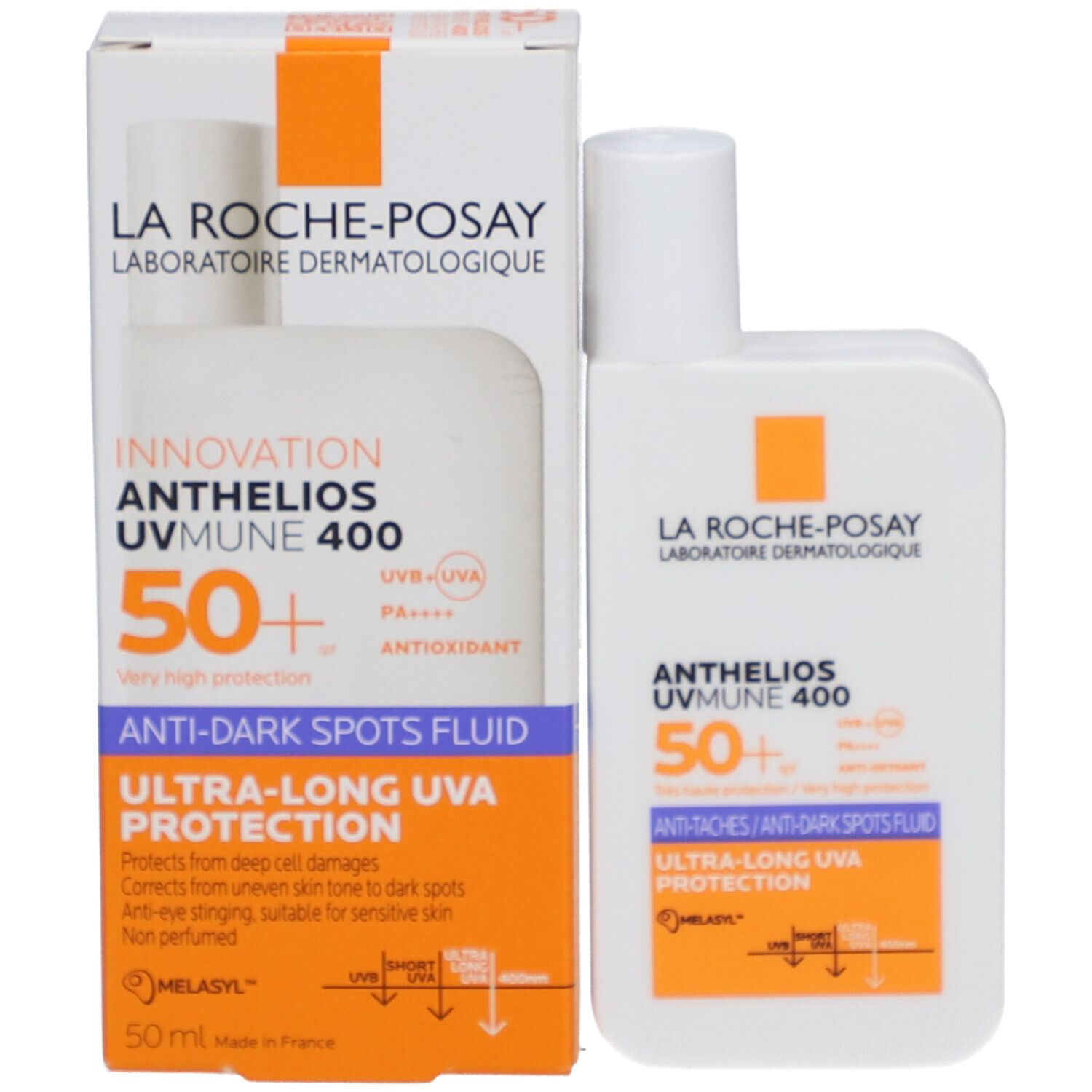 Prodotto e confezione. Scatola e flacone bianchi. Testo: Anthelios Uvmune 400, SPF50+.