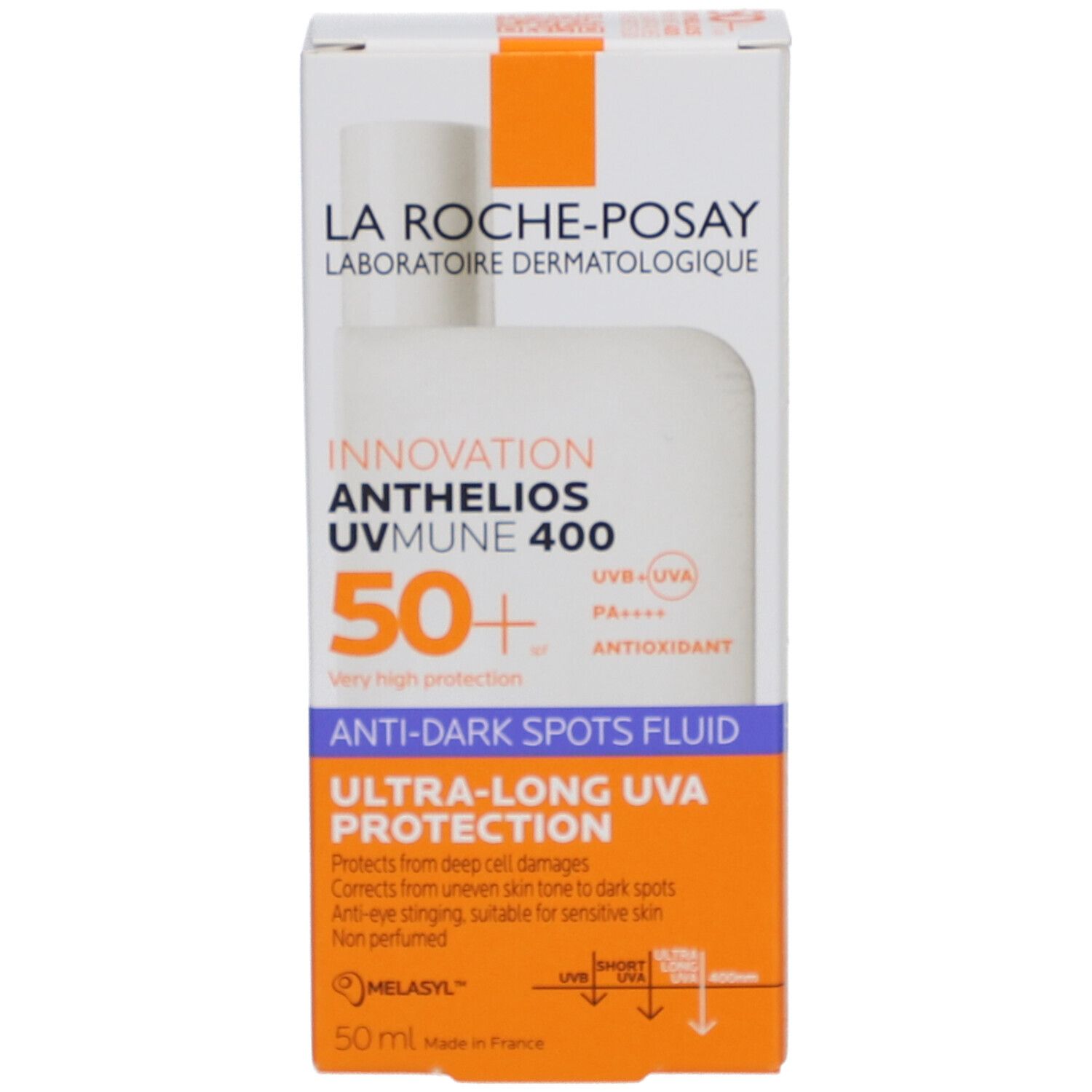 Scatola bianca con immagine del prodotto. Testo: Anthelios Uvmune 400, SPF50+, Anti-Dark Spots Fluid.