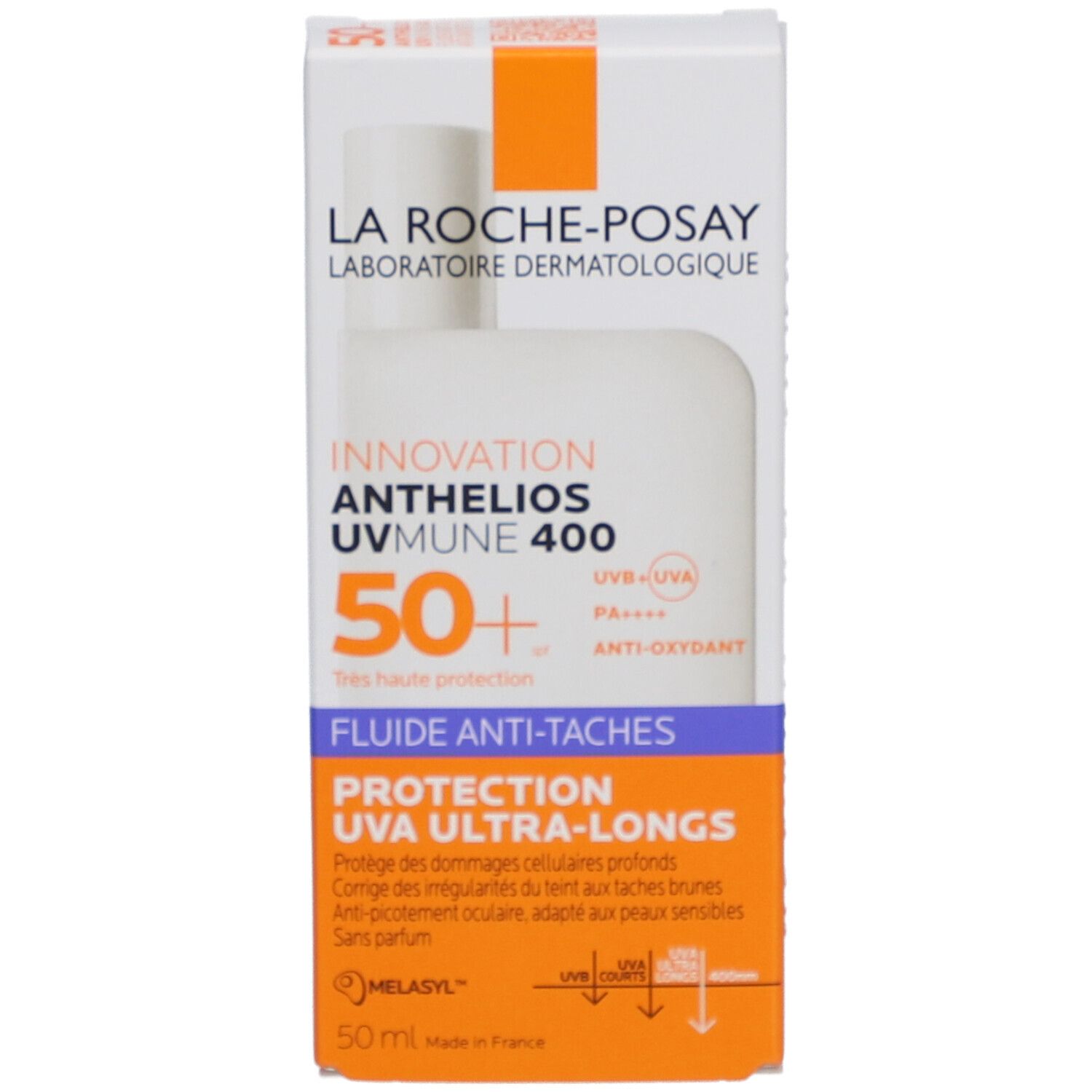 Confezione del prodotto. Testo: Anthelios Uvmune 400, SPF50+, Fluide Anti-Taches.