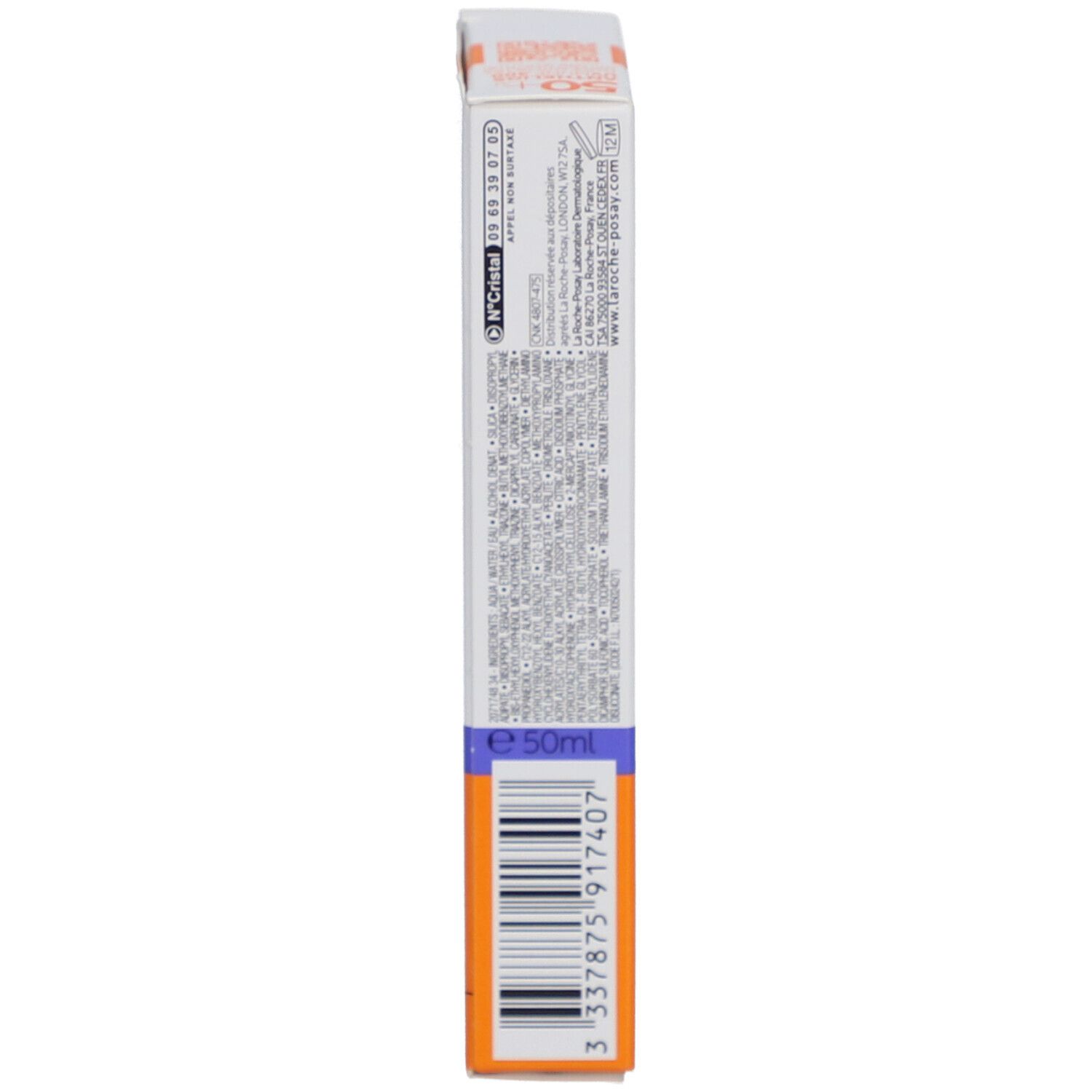 Lato della confezione del prodotto. Testo e codice a barre. E 50ml.