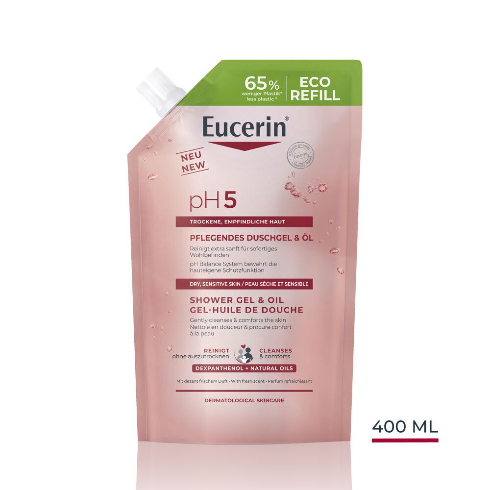 Ricarica gel-olio doccia Eucerin pH5. Confezione rosa, tappo verde. 65% Eco Refill, 400 ml.