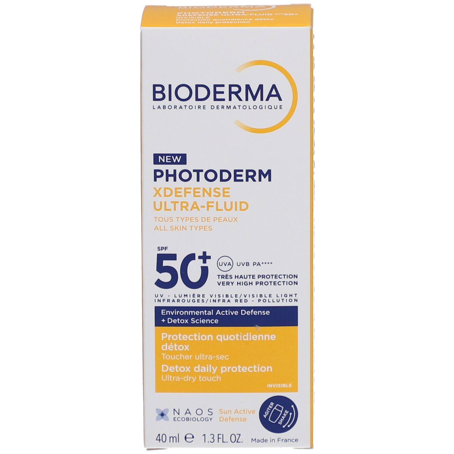 Scatola gialla con informazioni sul prodotto. Scritta: Bioderma, Photoderm, SPF 50+.