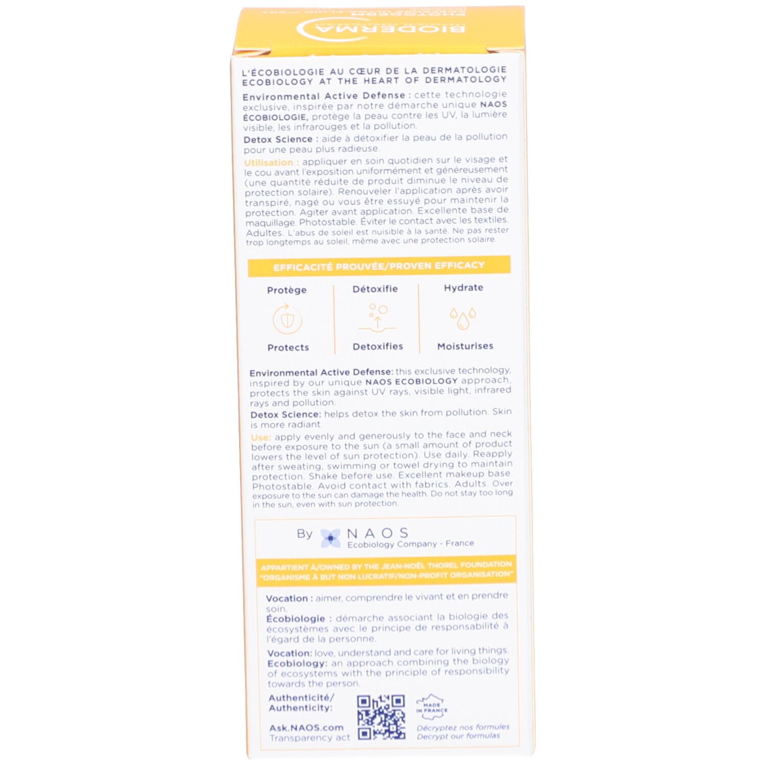 Scatola gialla, interno. Testo in francese. Informazioni sul prodotto.