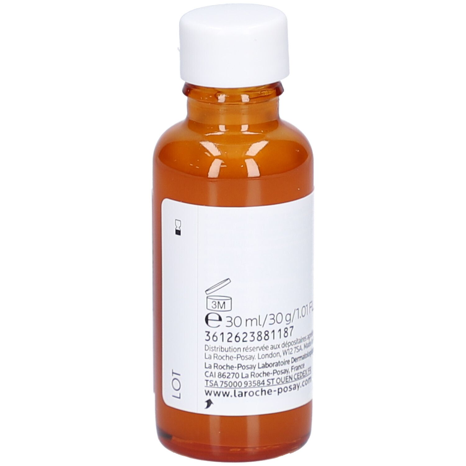 Retro del flacone. Stampe con informazioni. Marchio La Roche-Posay.